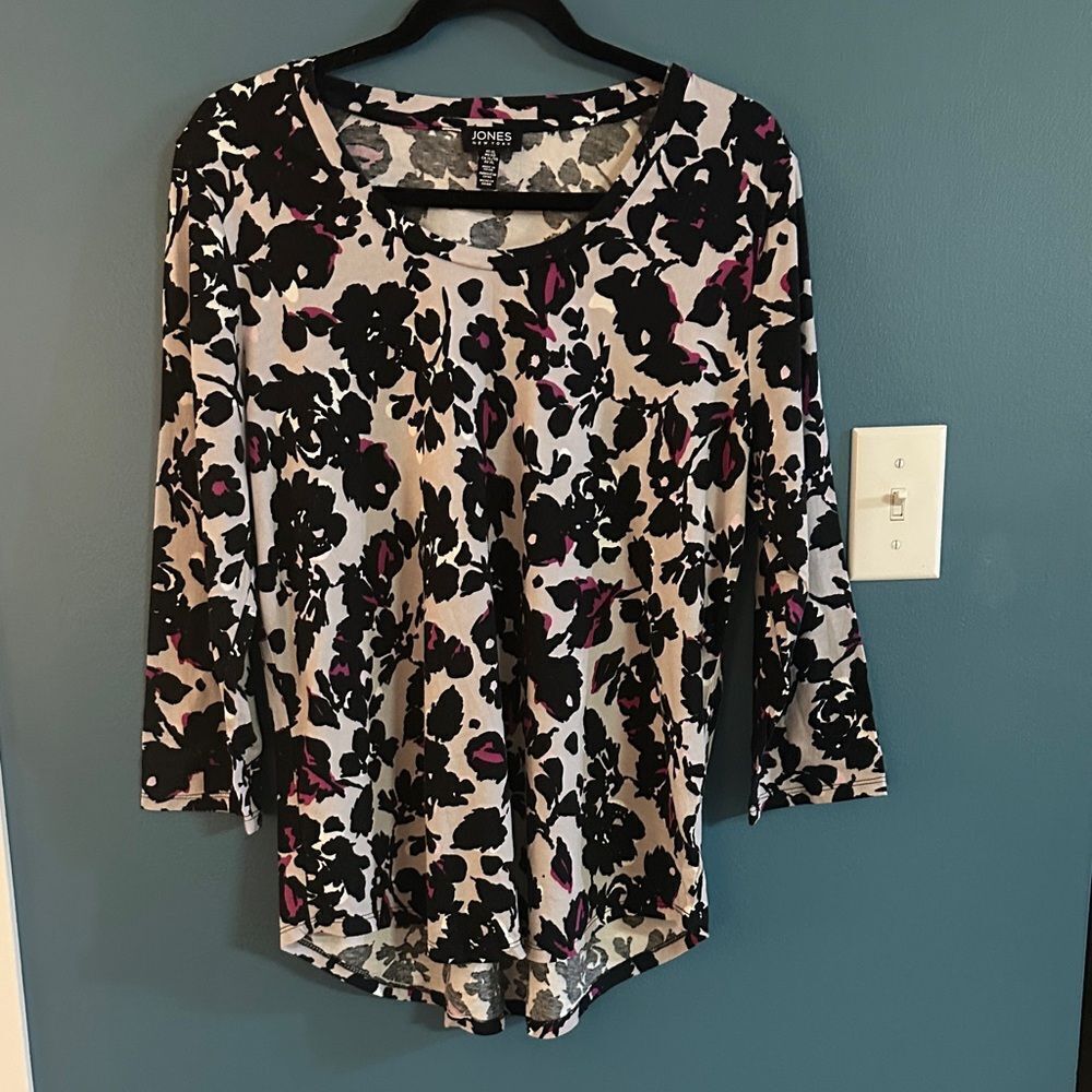 Jones New York Floral Long Sleeve Top - Black and Pink
